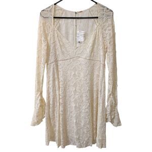 Free People Ivory Lace Bell Sleeve Mini Dress Boho Chic Festive Women's S -NWT